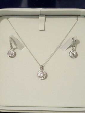Designer STAUER  Halo Cubic Zirconia Sterling Silver Necklace and Earring Set